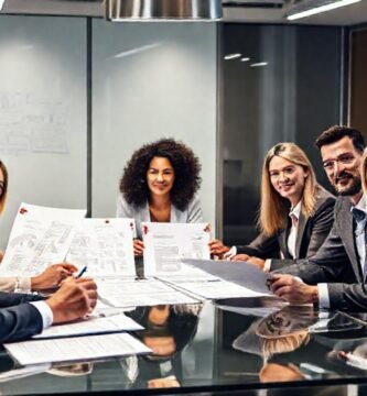 Equipo profesional revisa contratos financieros