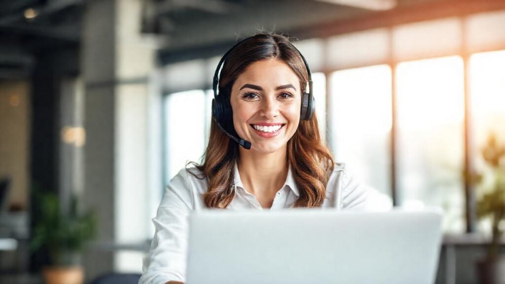 Una profesional feliz trabaja enfocada