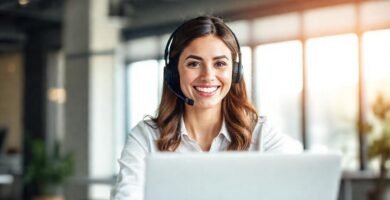 Una profesional feliz trabaja enfocada