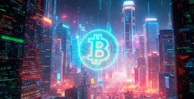 Ciudad futurista refleja finanzas digitales brillantes