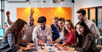 Un equipo dinámico colabora en un espacio brillante