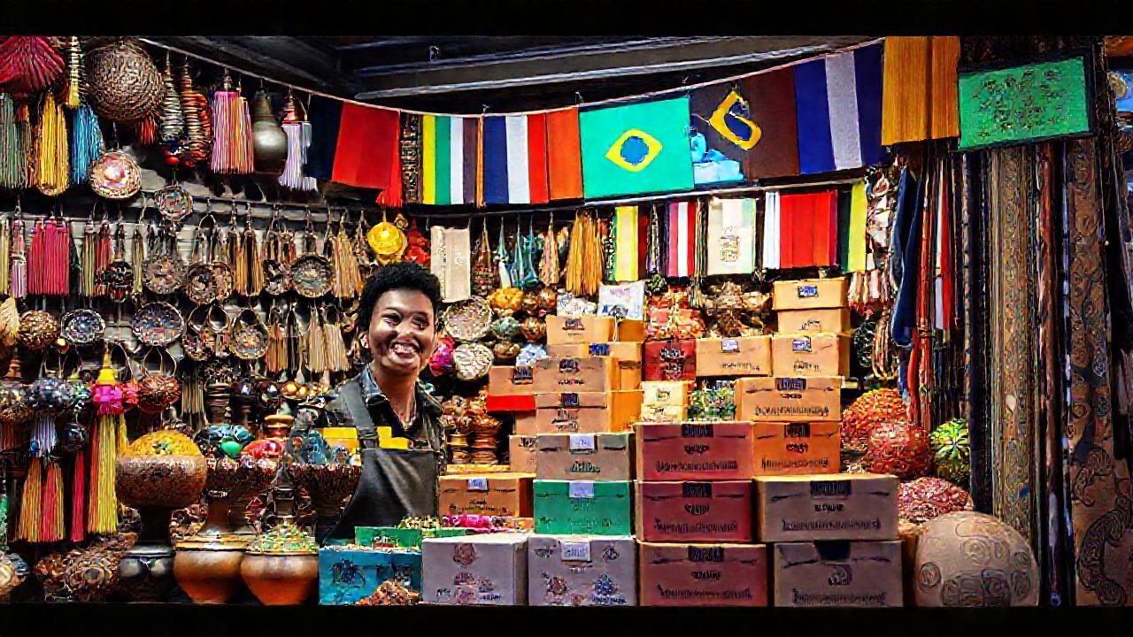 Mercado vibrante con artesanías internacionales