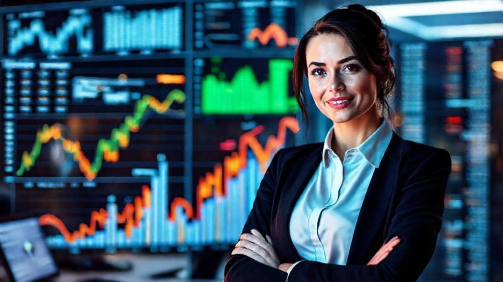 Una ejecutiva gestiona datos digitales con éxito