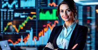 Una ejecutiva gestiona datos digitales con éxito