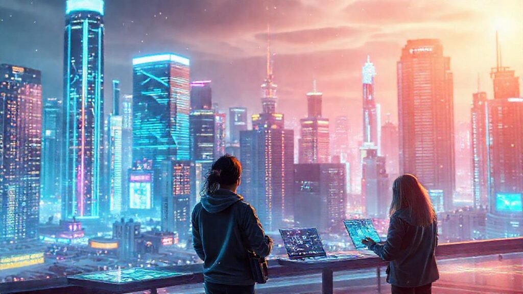 Ciudad futurista colabora con interfaces brillantes