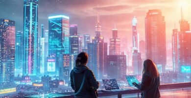 Ciudad futurista colabora con interfaces brillantes