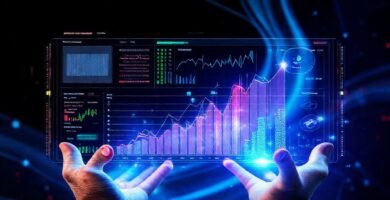 Interfaz futurista visualiza crecimiento financiero