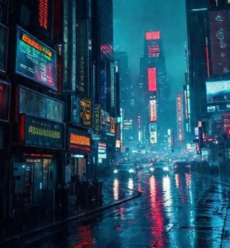 Ciudad cyberpunk oscura y lluviosa