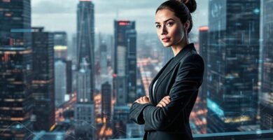 Una ejecutiva en ciudad futurista analiza datos