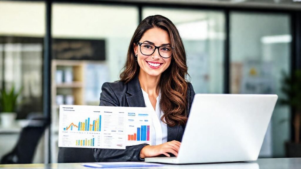 Una mujer exitosa optimiza marketing digital