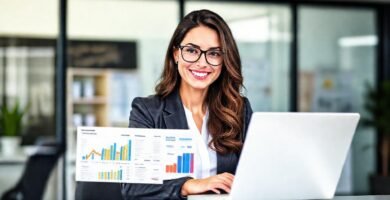 Una mujer exitosa optimiza marketing digital