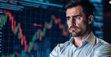 Inversor preocupado observa gráficos digitales oscuros